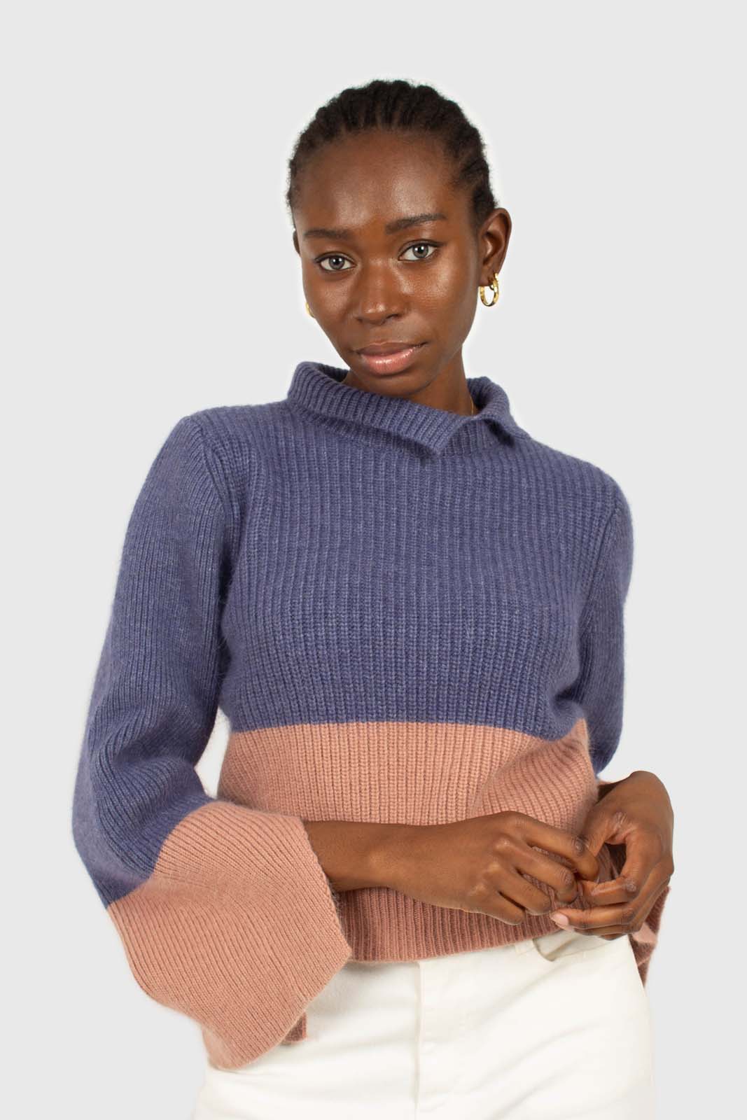 Blue and pink colorblock mock neck angora jumper_5