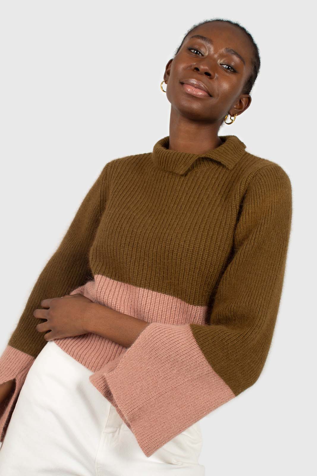 Khaki and pink colorblock mock neck angora jumper_1