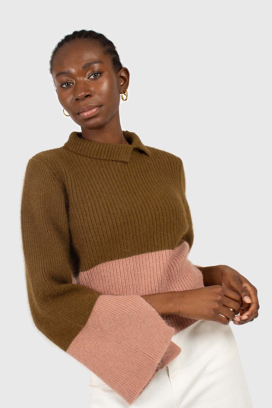 Khaki and pink colorblock mock neck angora jumper_2