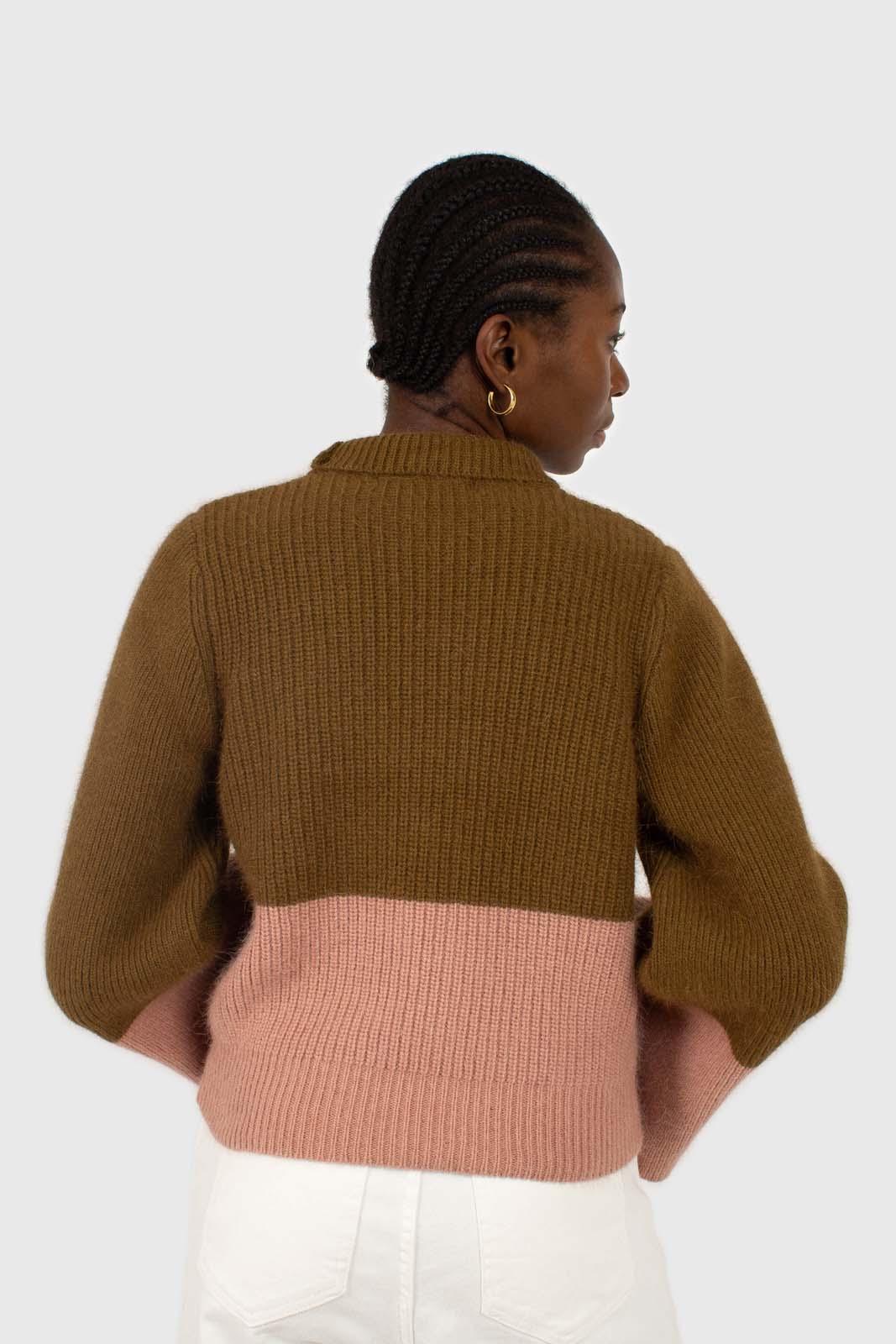 Khaki and pink colorblock mock neck angora jumper_4