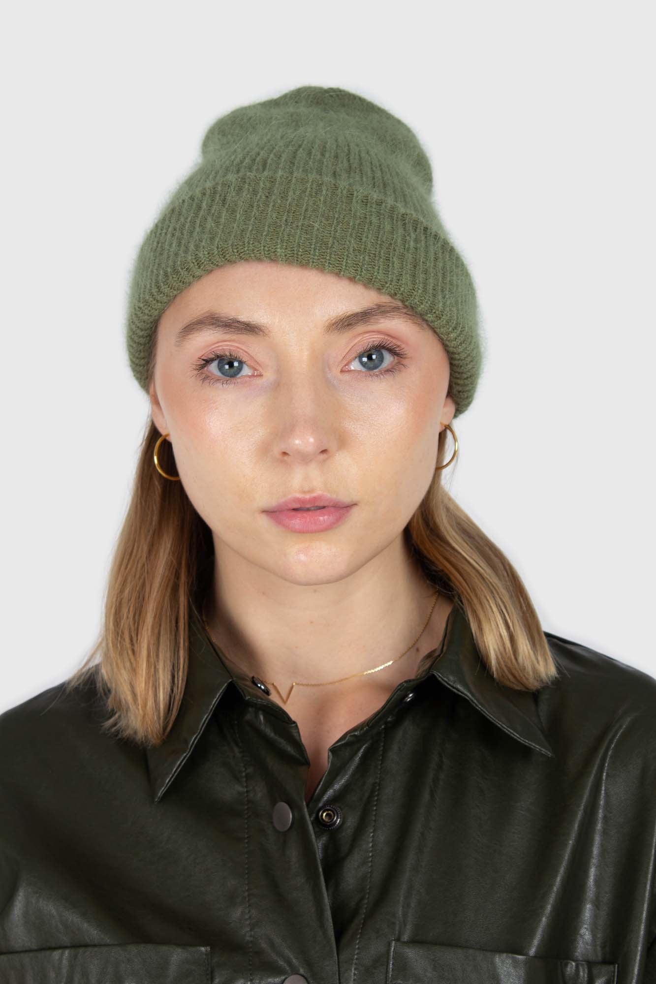 Light khaki mohair beanie hat_1