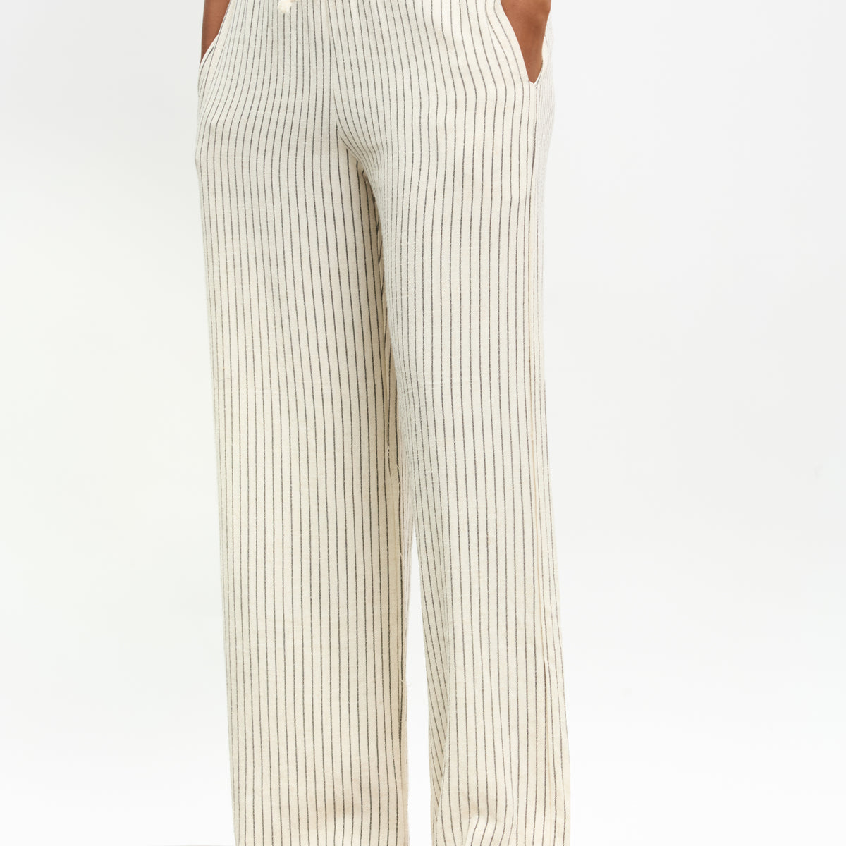 Oatmeal pinstripe rope drawstring trousers | Glassworks London