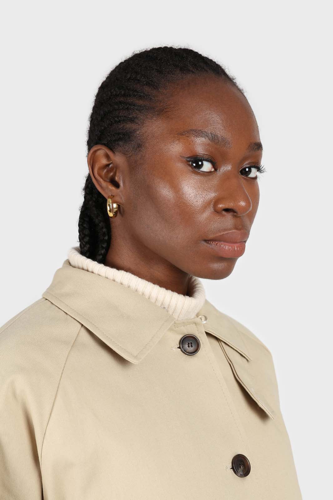 Light beige faux fur collar lined trench coat_8