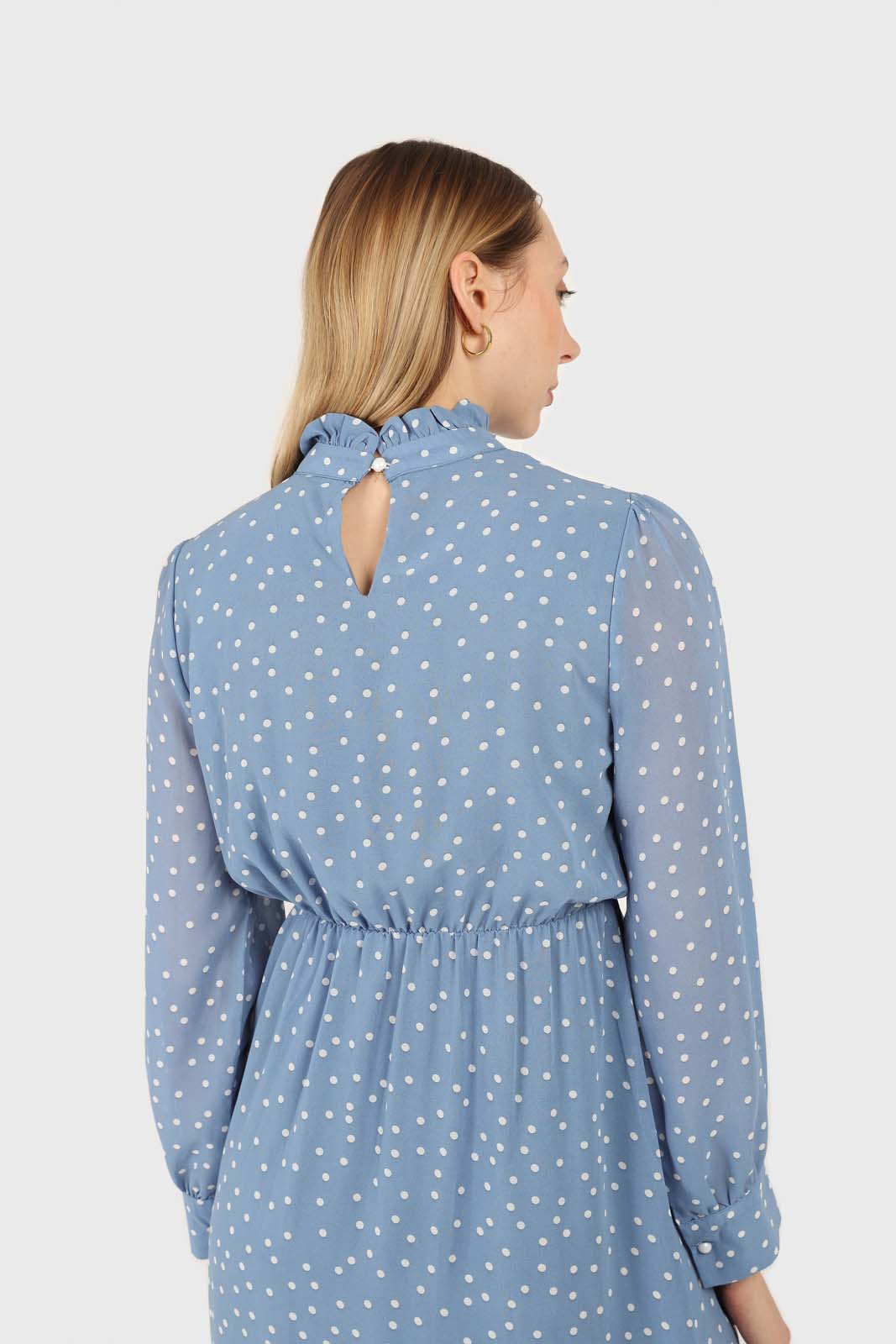 Pale blue and white polka dot ruffle trim maxi dress_5