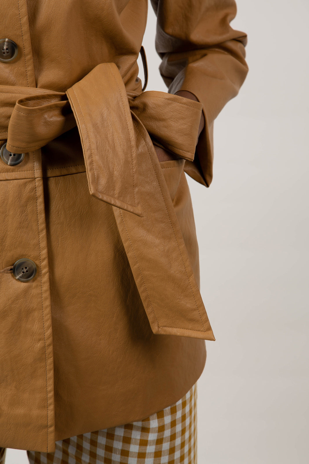 Brown vegan leather belted jacket_10