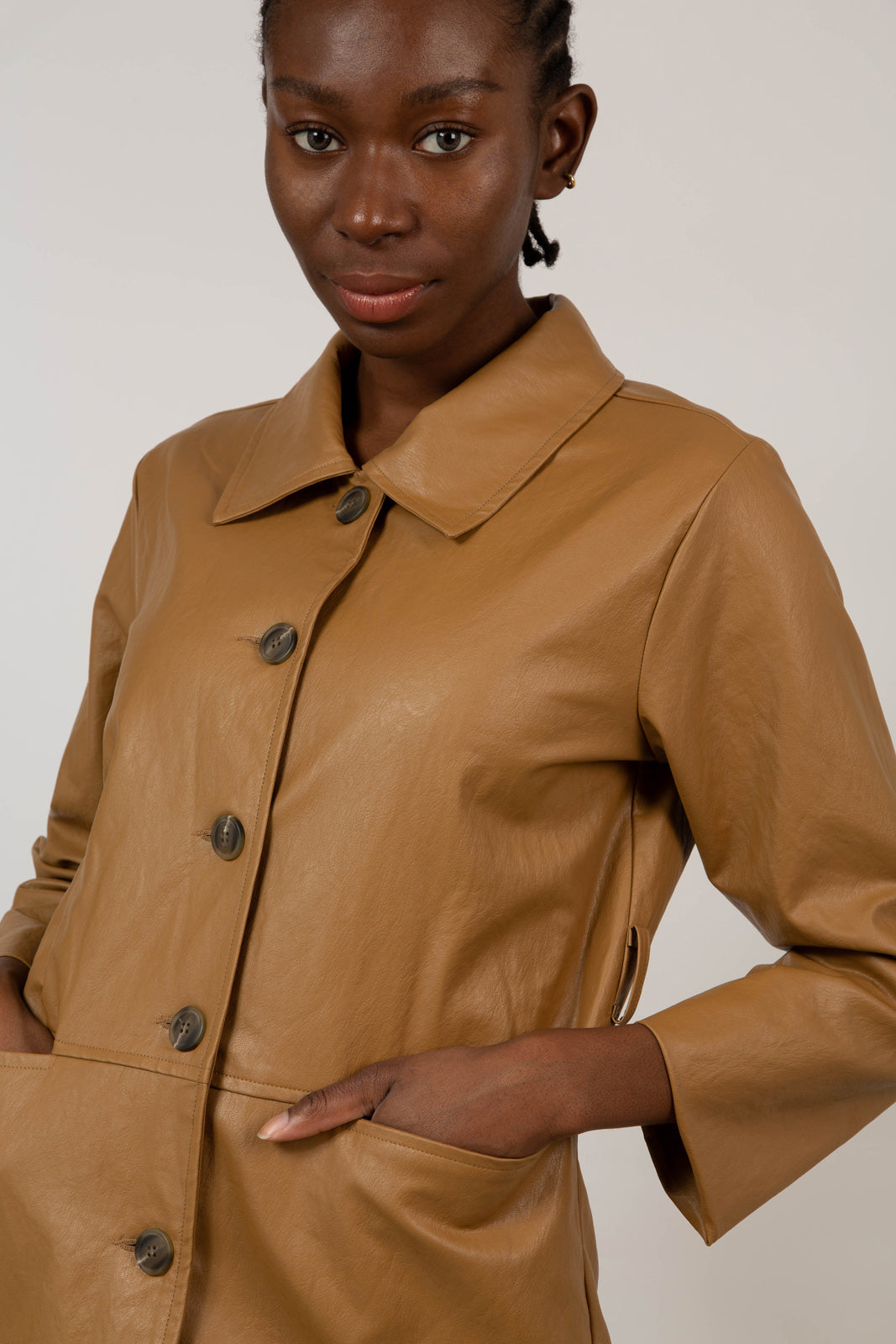 Brown vegan leather belted jacket_11