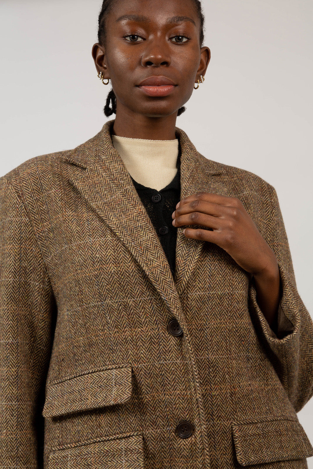 Brown herringbone box checked wool blend long coat_5