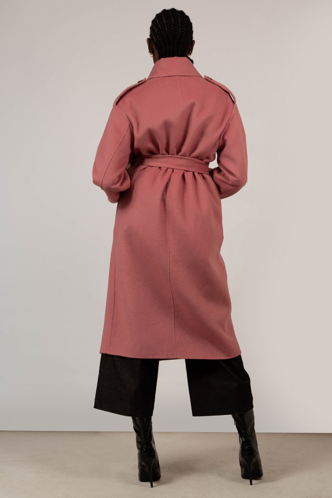 Deep pink wool blend handmade belted trench coat_4
