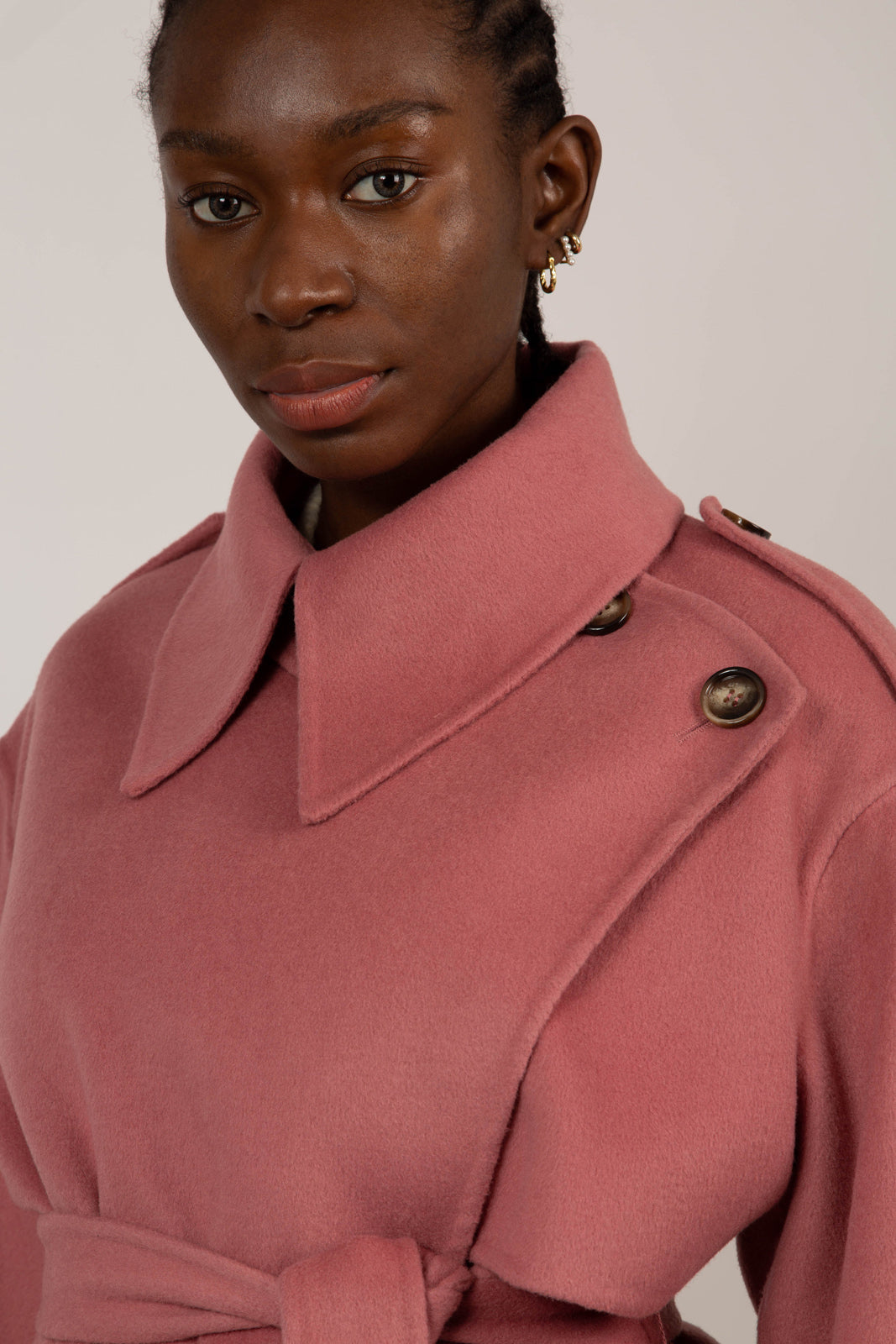 Deep pink wool blend handmade belted trench coat_8