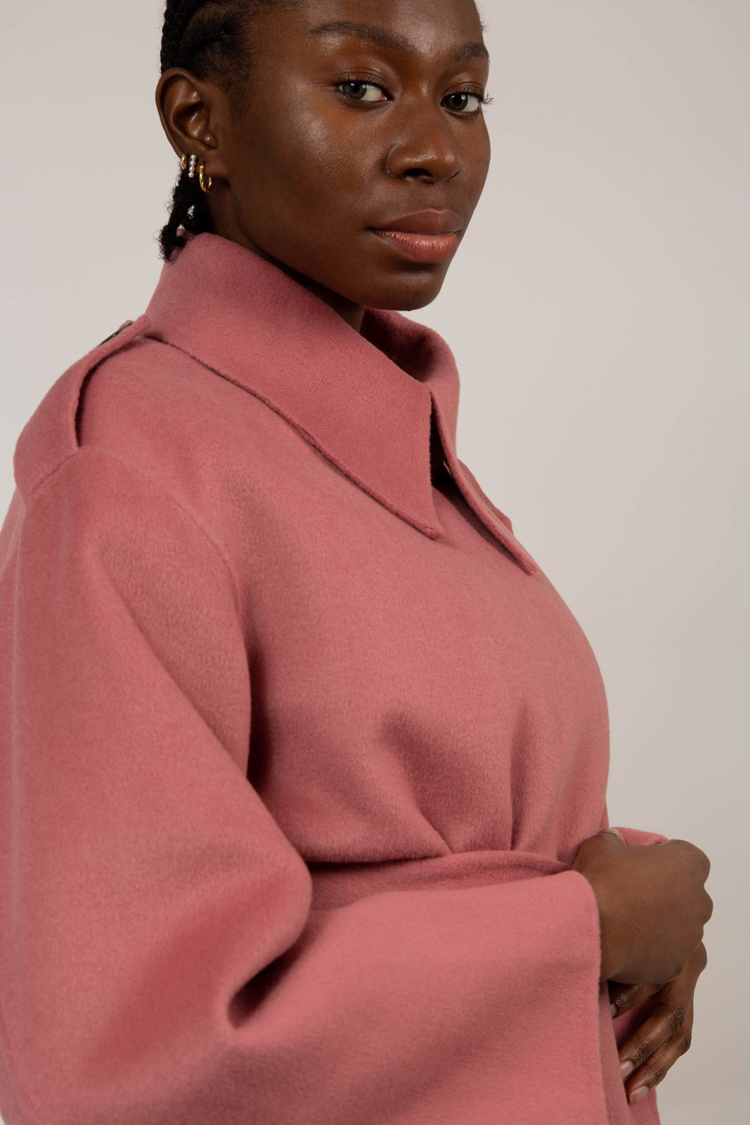 Deep pink wool blend handmade belted trench coat_10