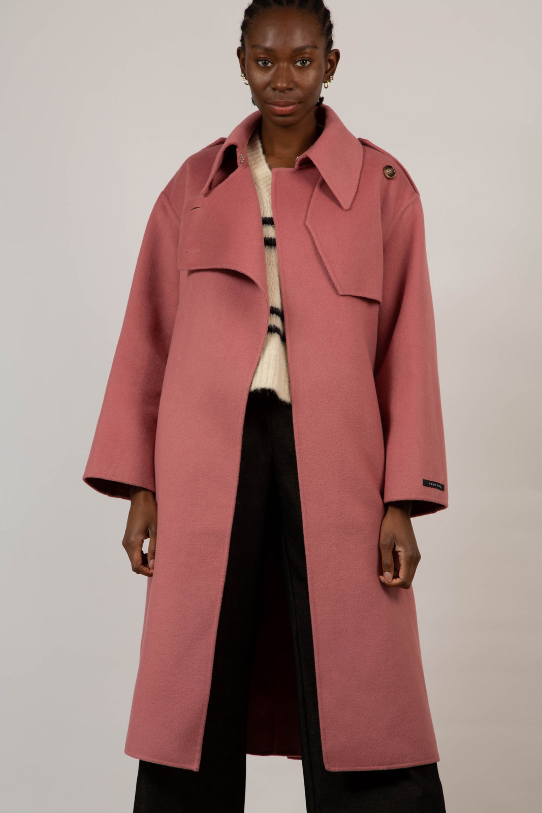 Deep pink wool blend handmade belted trench coat_6