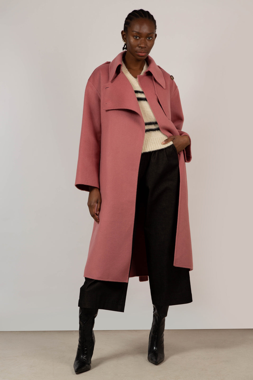 Deep pink wool blend handmade belted trench coat_3