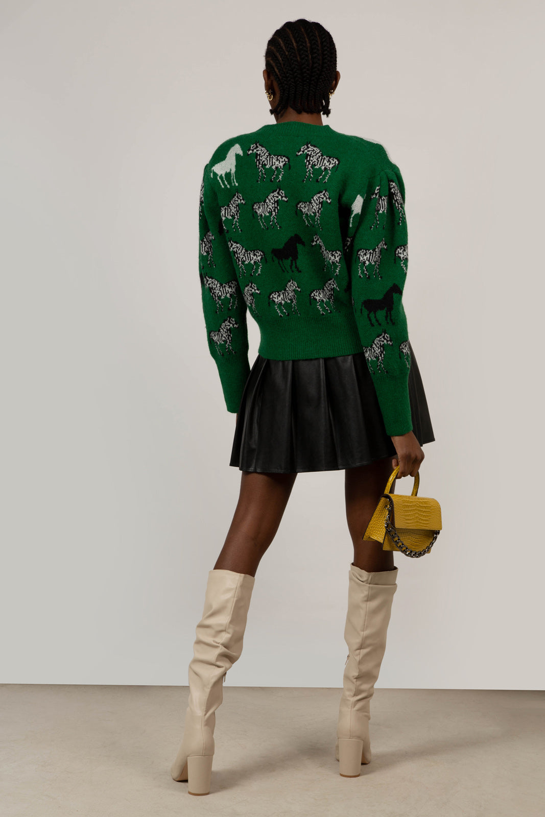 Green zebra intarsia puff sleeved cardigan_9