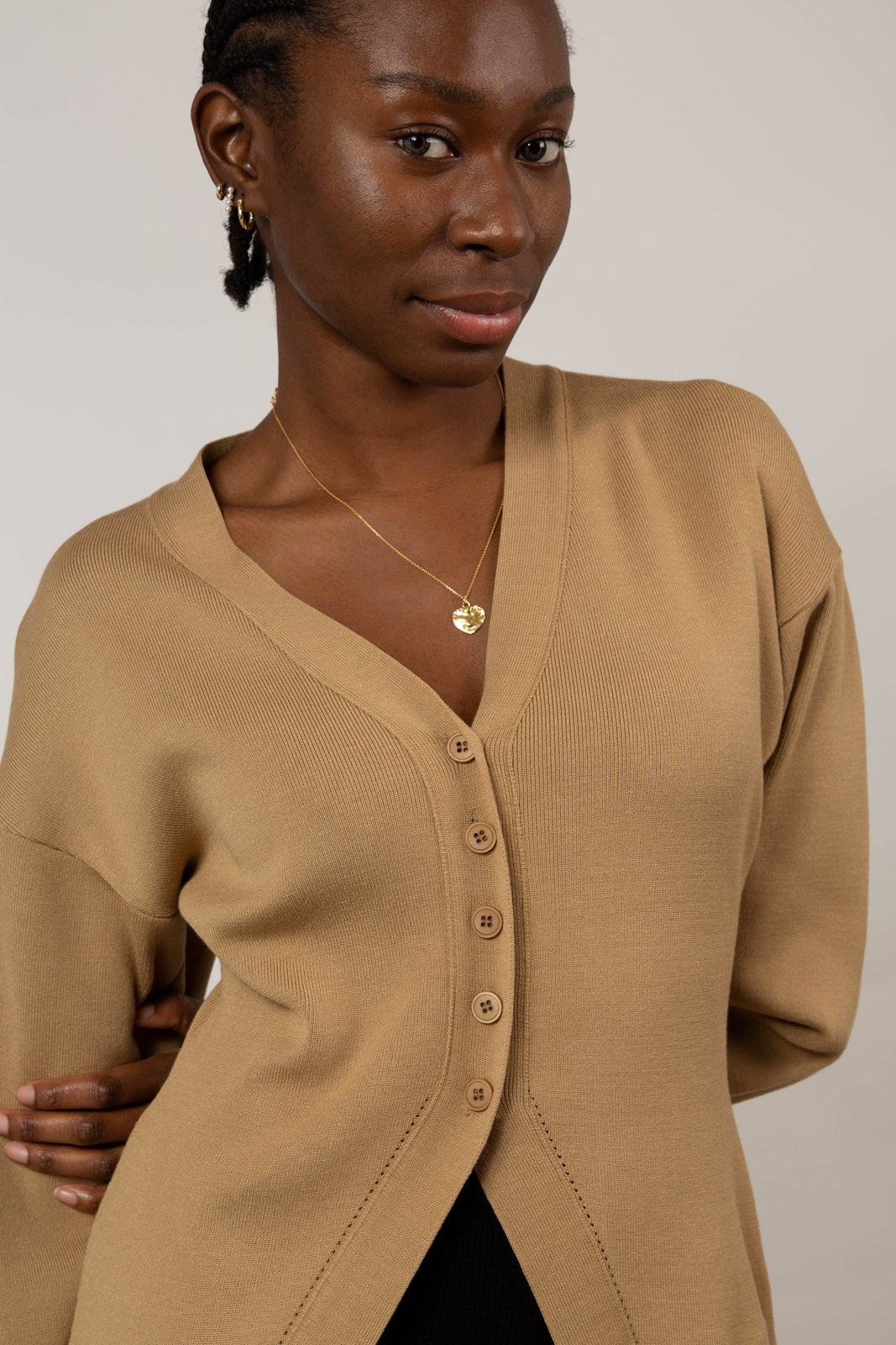 Beige V neck peplum cardigan_4
