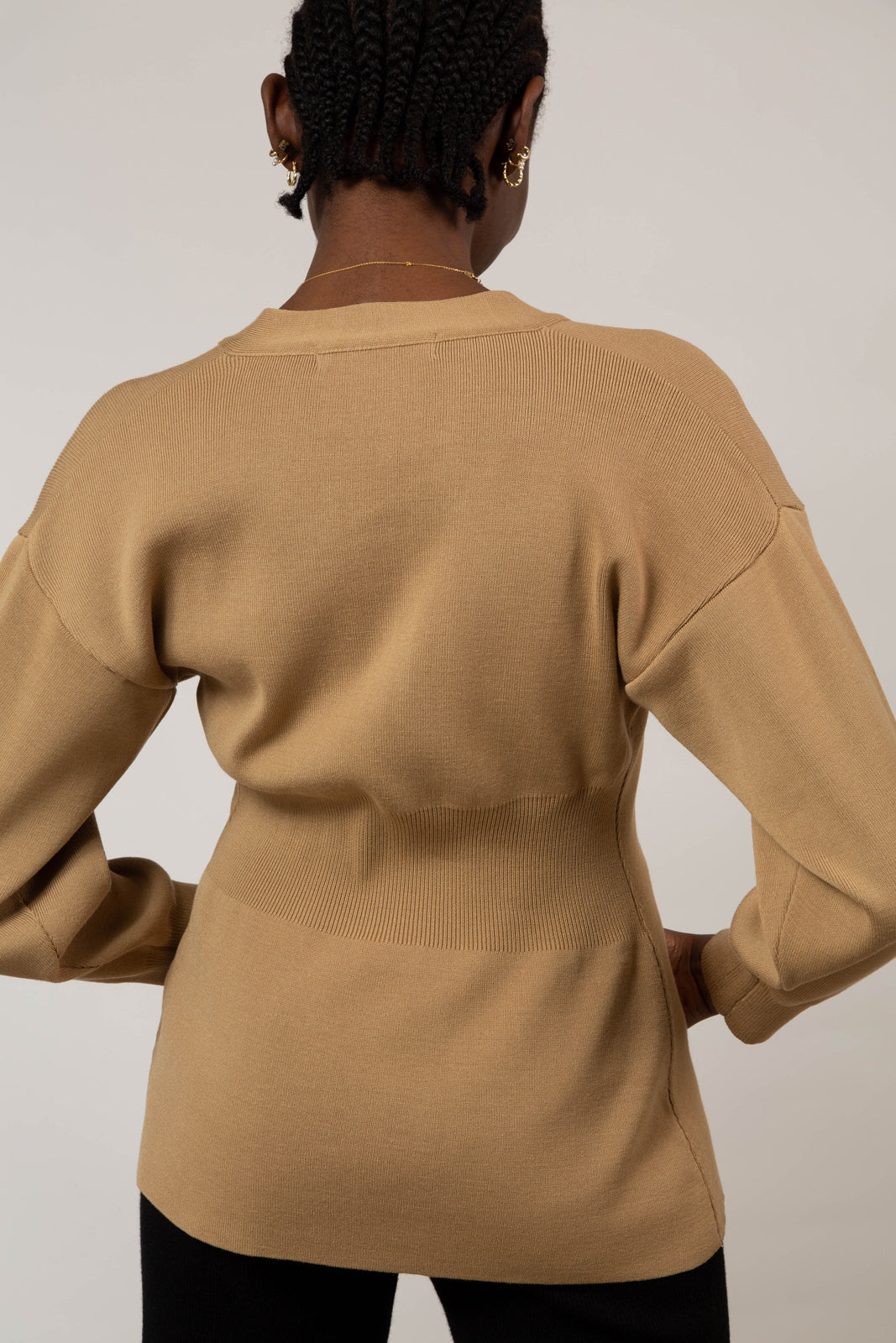 Beige V neck peplum cardigan_5