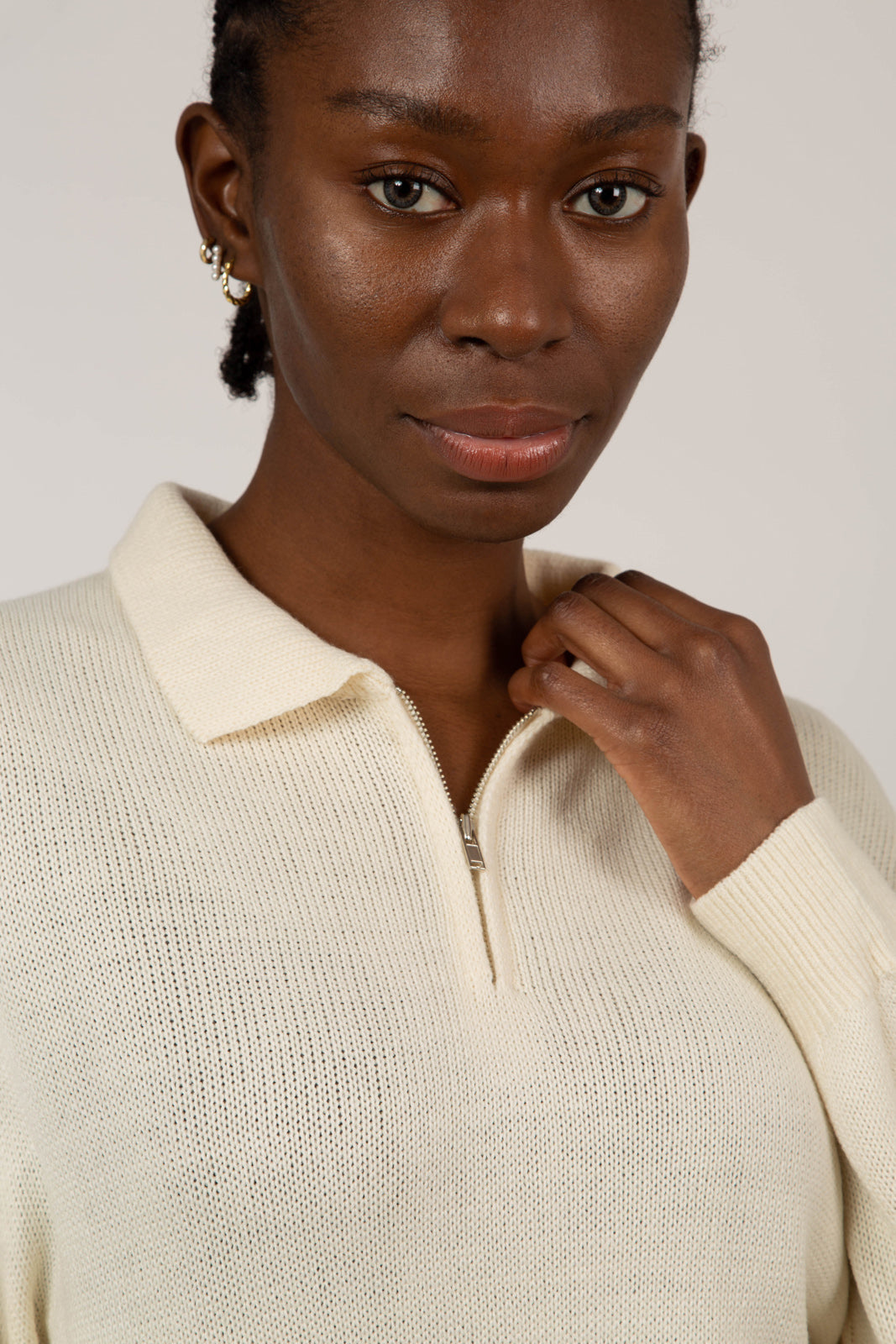 Oatmeal zip polo knit top_5