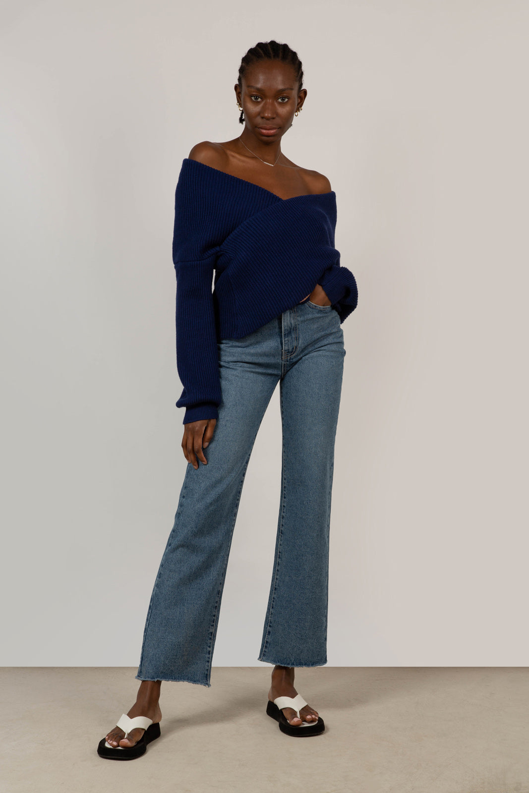 Cobalt blue cross front panel knit top_4