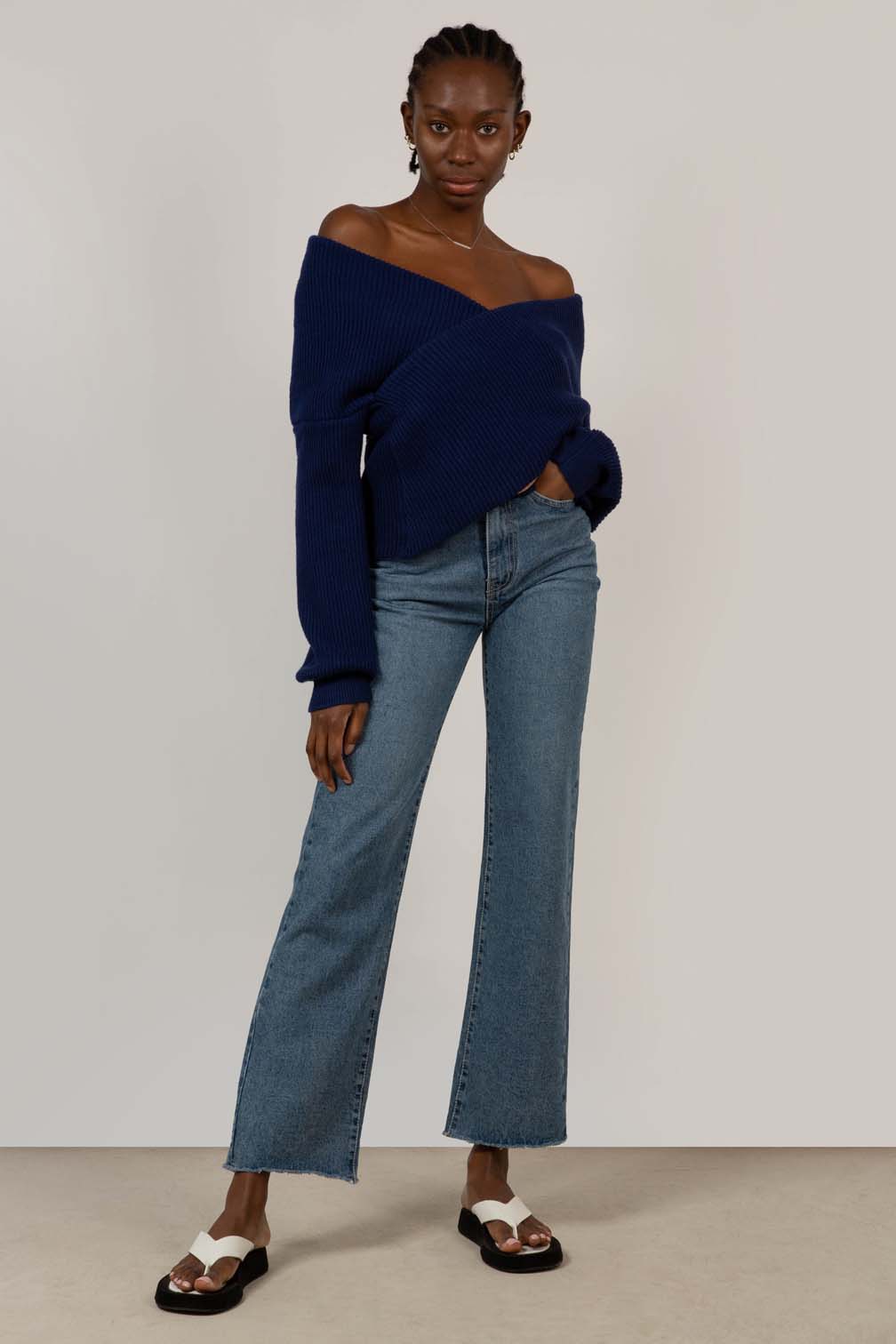 Cobalt blue cross front panel knit top_8