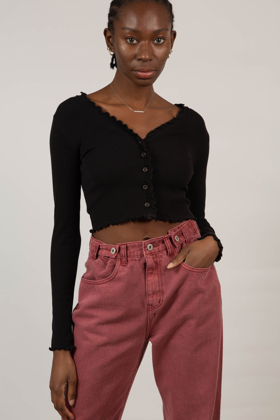 Black ruffle trim button up top_6