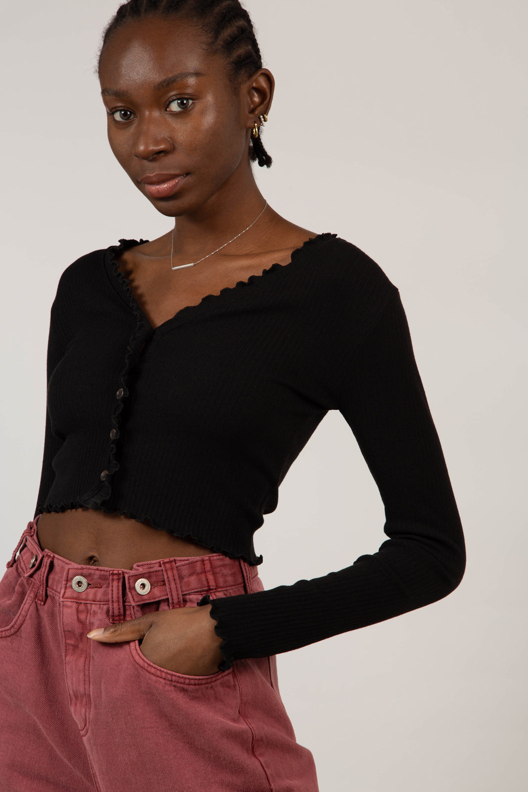 Black ruffle trim button up top_4