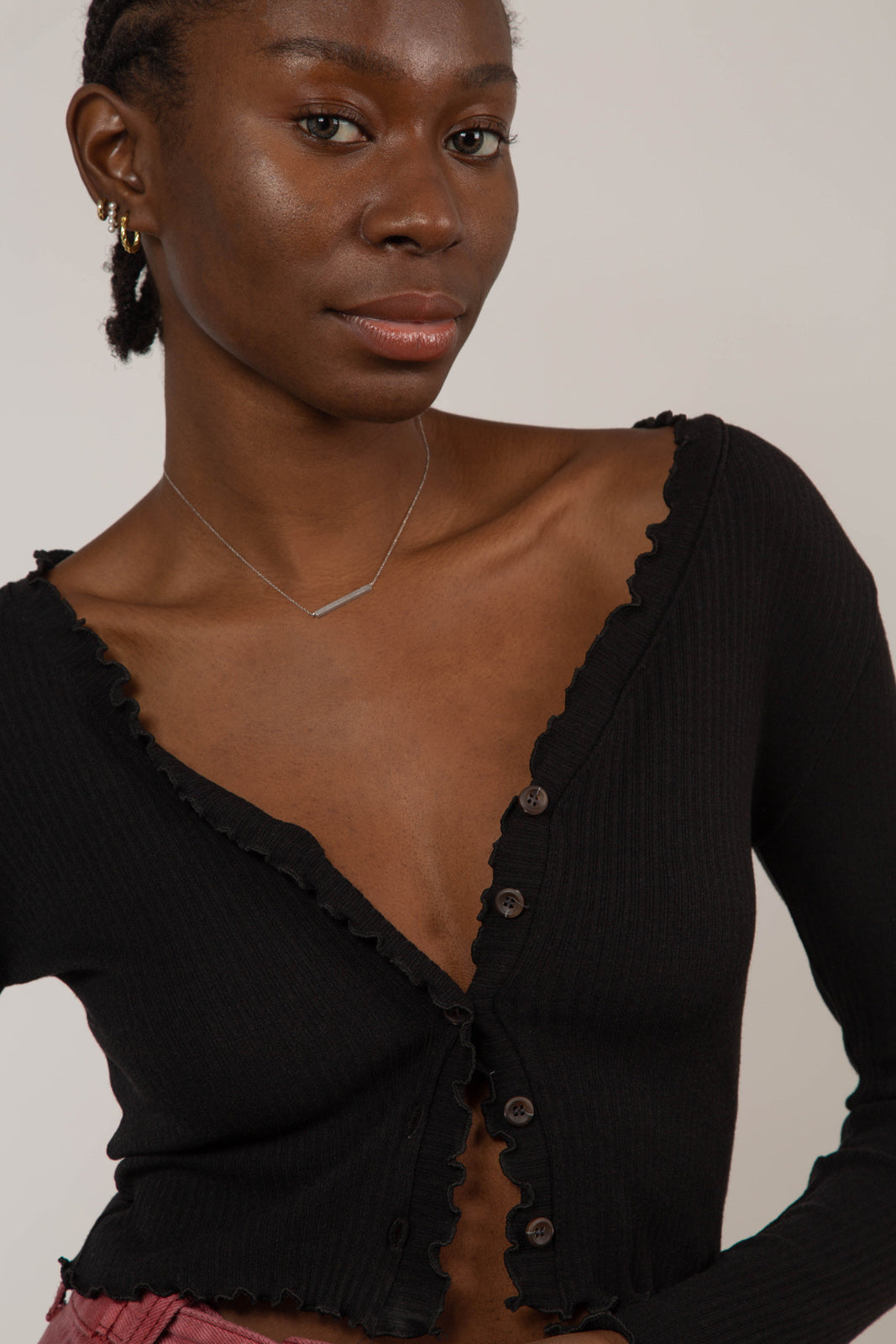 Black ruffle trim button up top_2