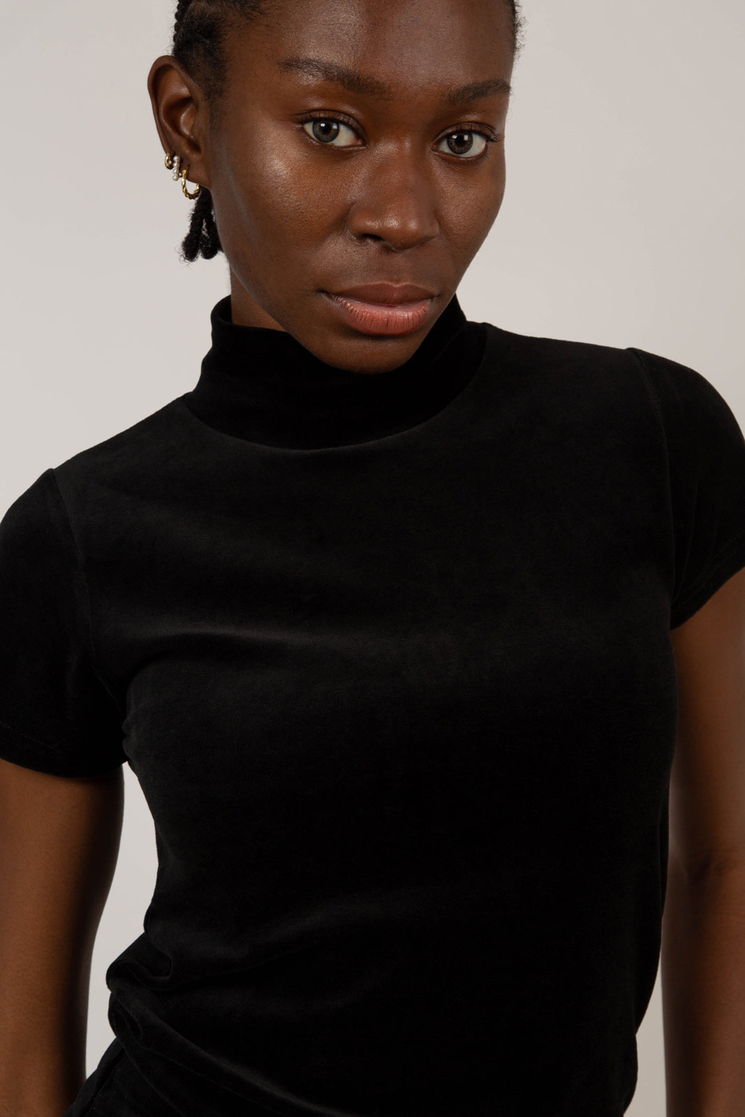 Black velvet short sleeved mock neck top_1