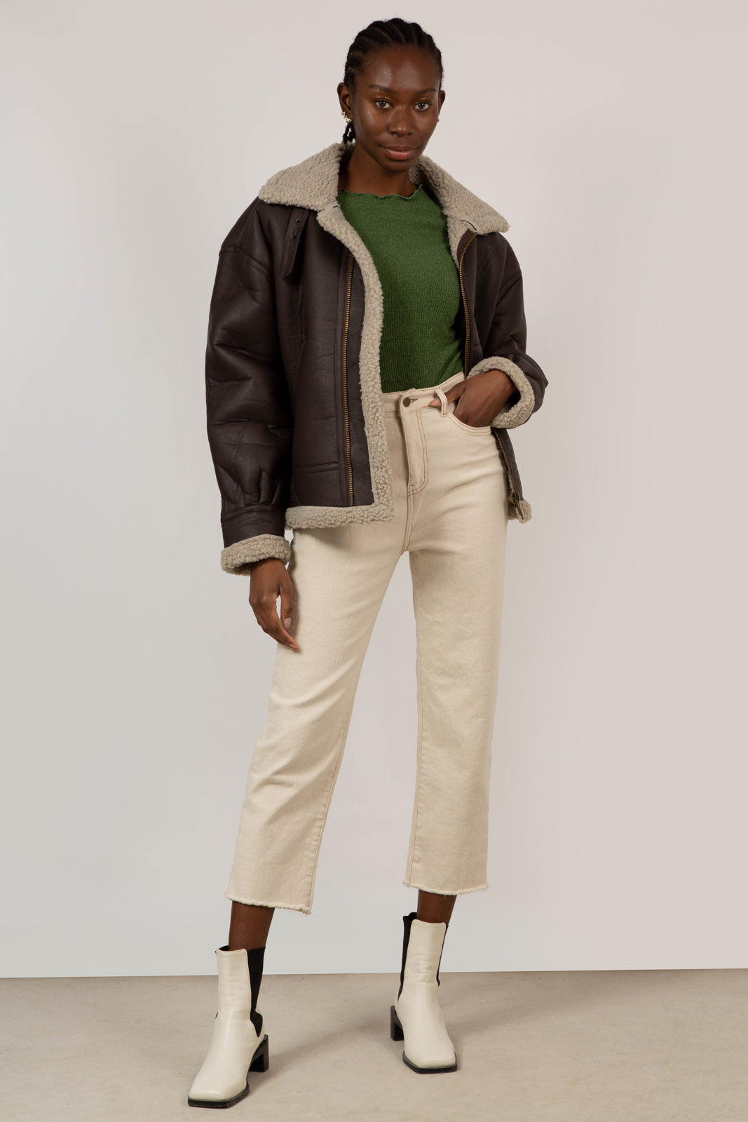 Brown vegan leather faux shearling long biker jacket_2