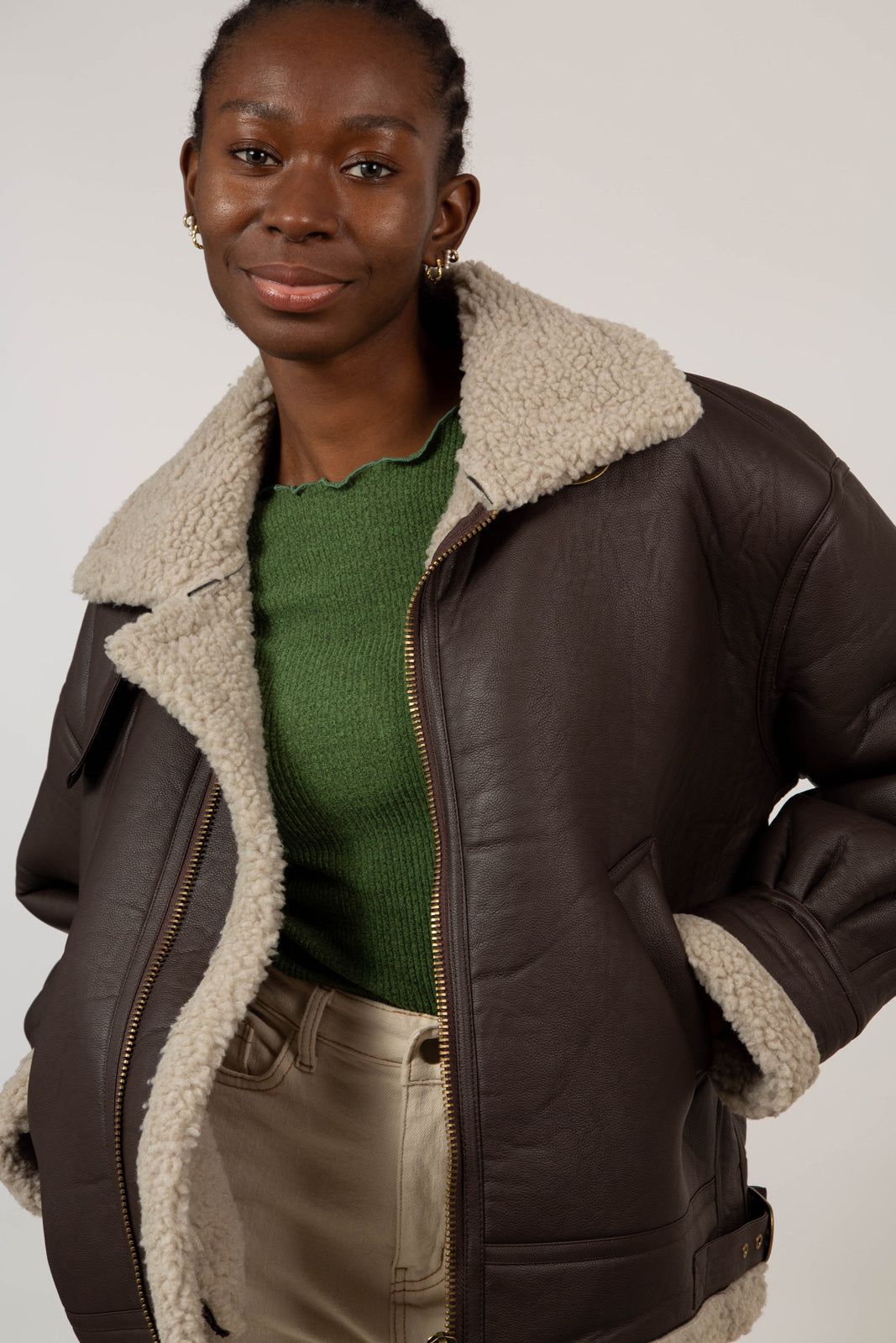 Brown vegan leather faux shearling long biker jacket_1