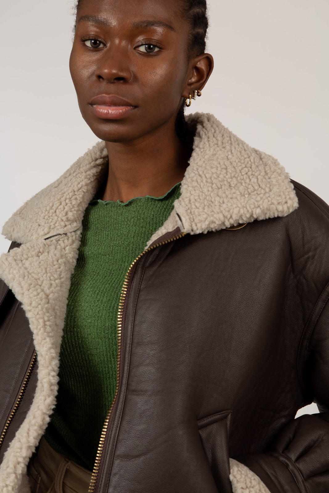 Brown vegan leather faux shearling long biker jacket_7