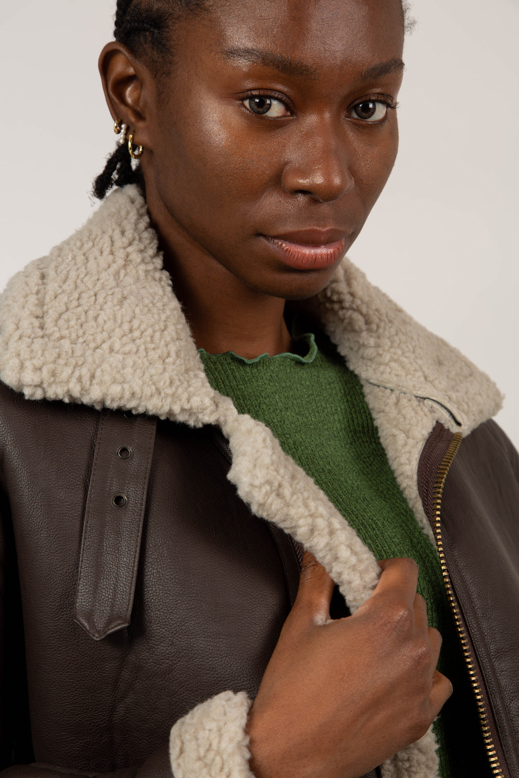 Brown vegan leather faux shearling long biker jacket_9