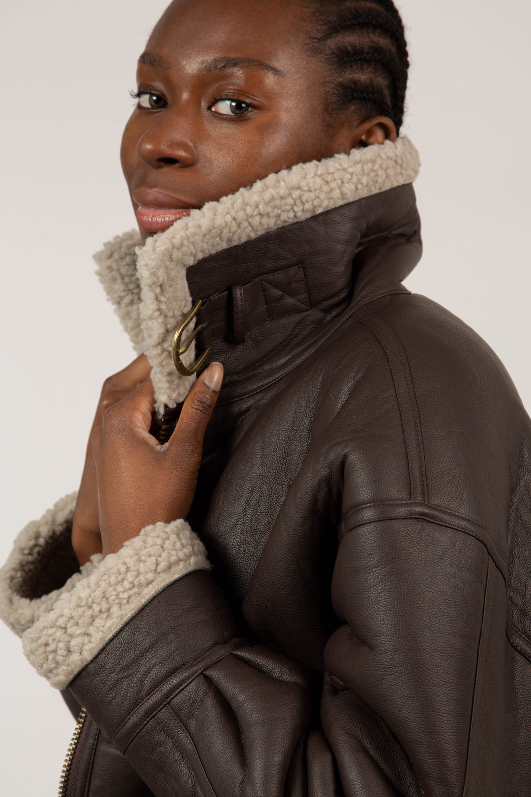 Brown vegan leather faux shearling long biker jacket_6