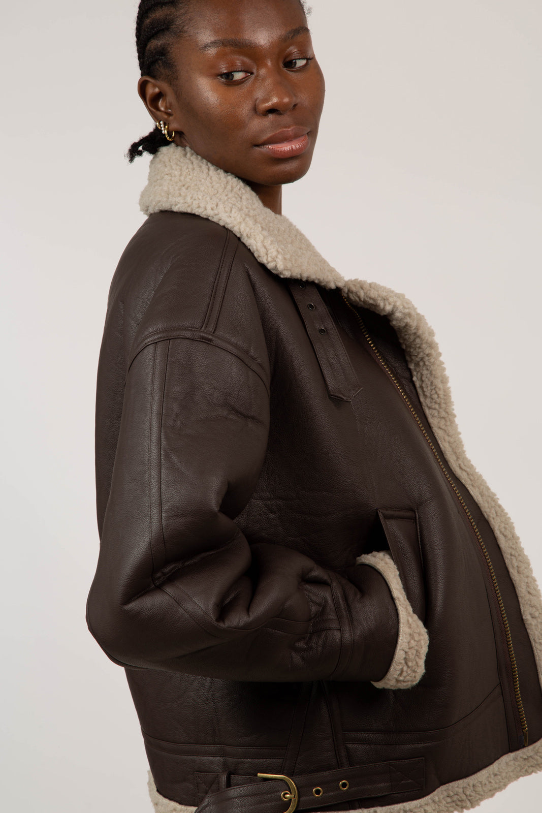 Brown vegan leather faux shearling long biker jacket_5
