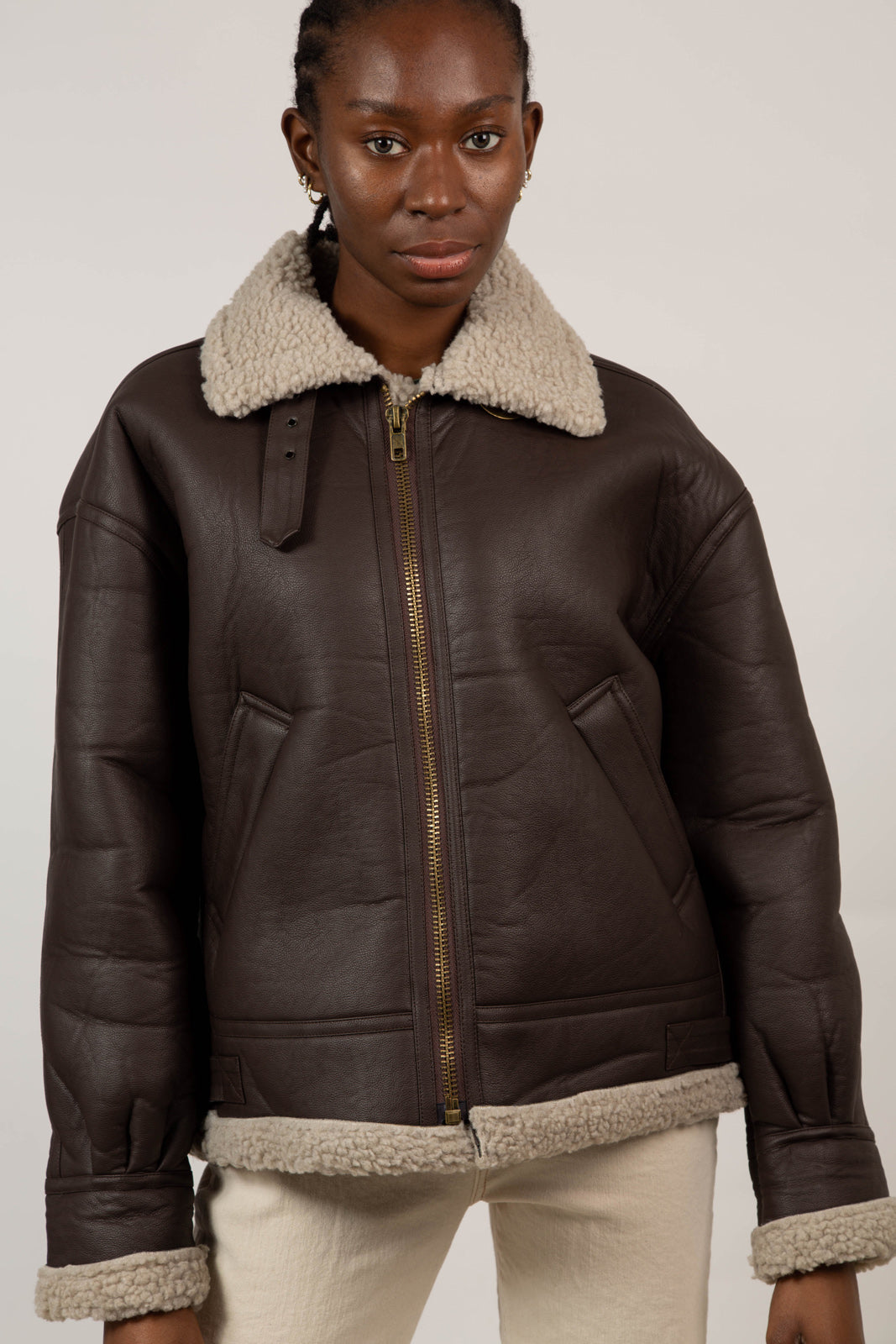Brown vegan leather faux shearling long biker jacket_12
