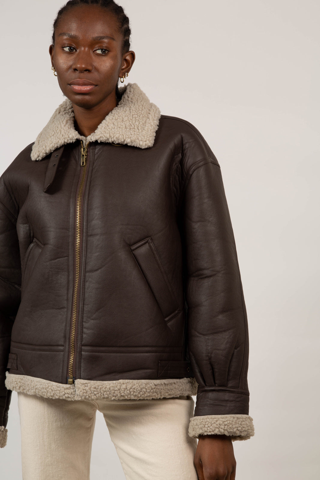Brown vegan leather faux shearling long biker jacket_3