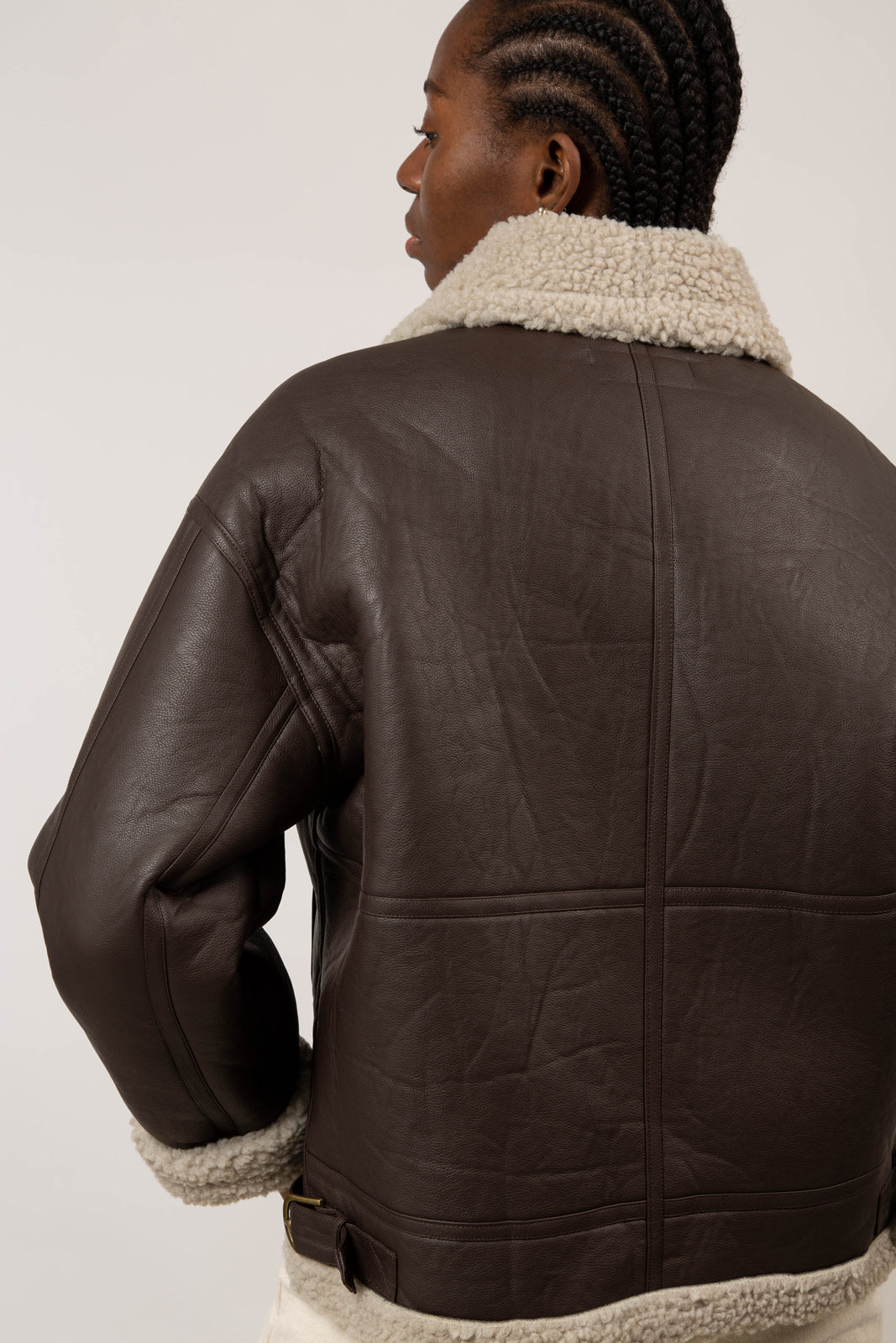 Brown vegan leather faux shearling long biker jacket_10