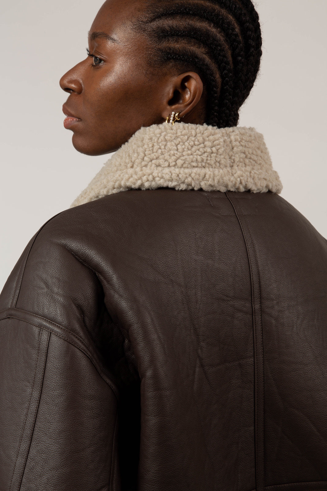 Brown vegan leather faux shearling long biker jacket_8