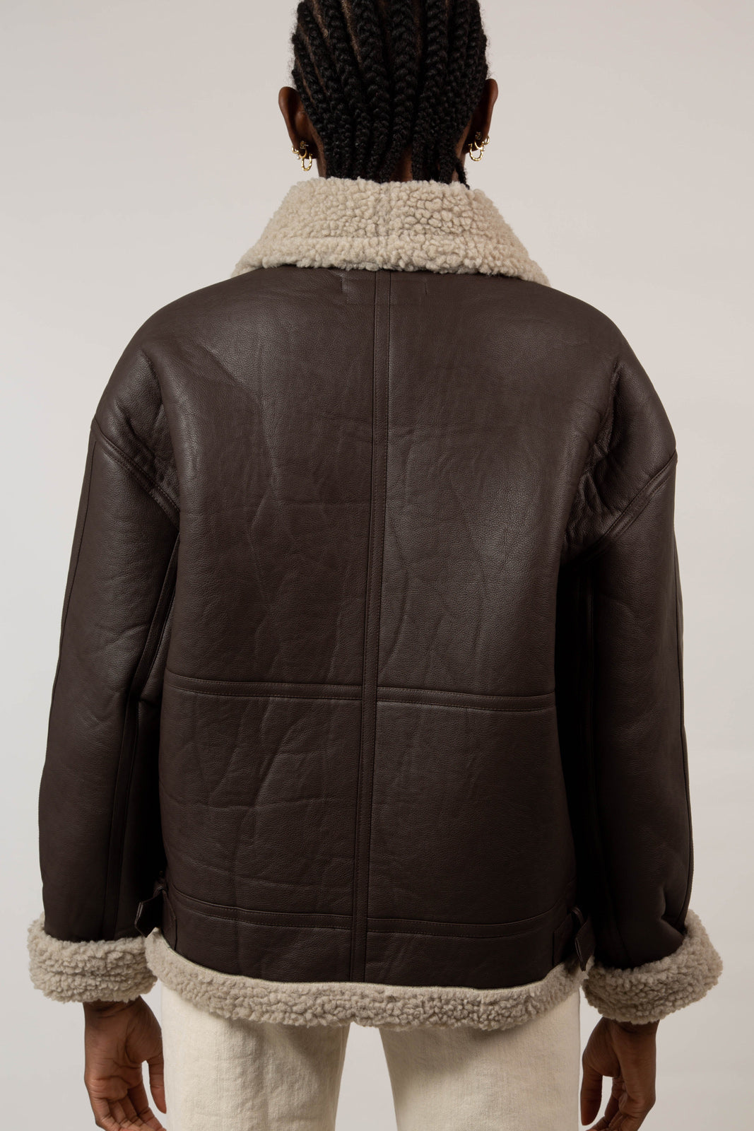 Brown vegan leather faux shearling long biker jacket_4