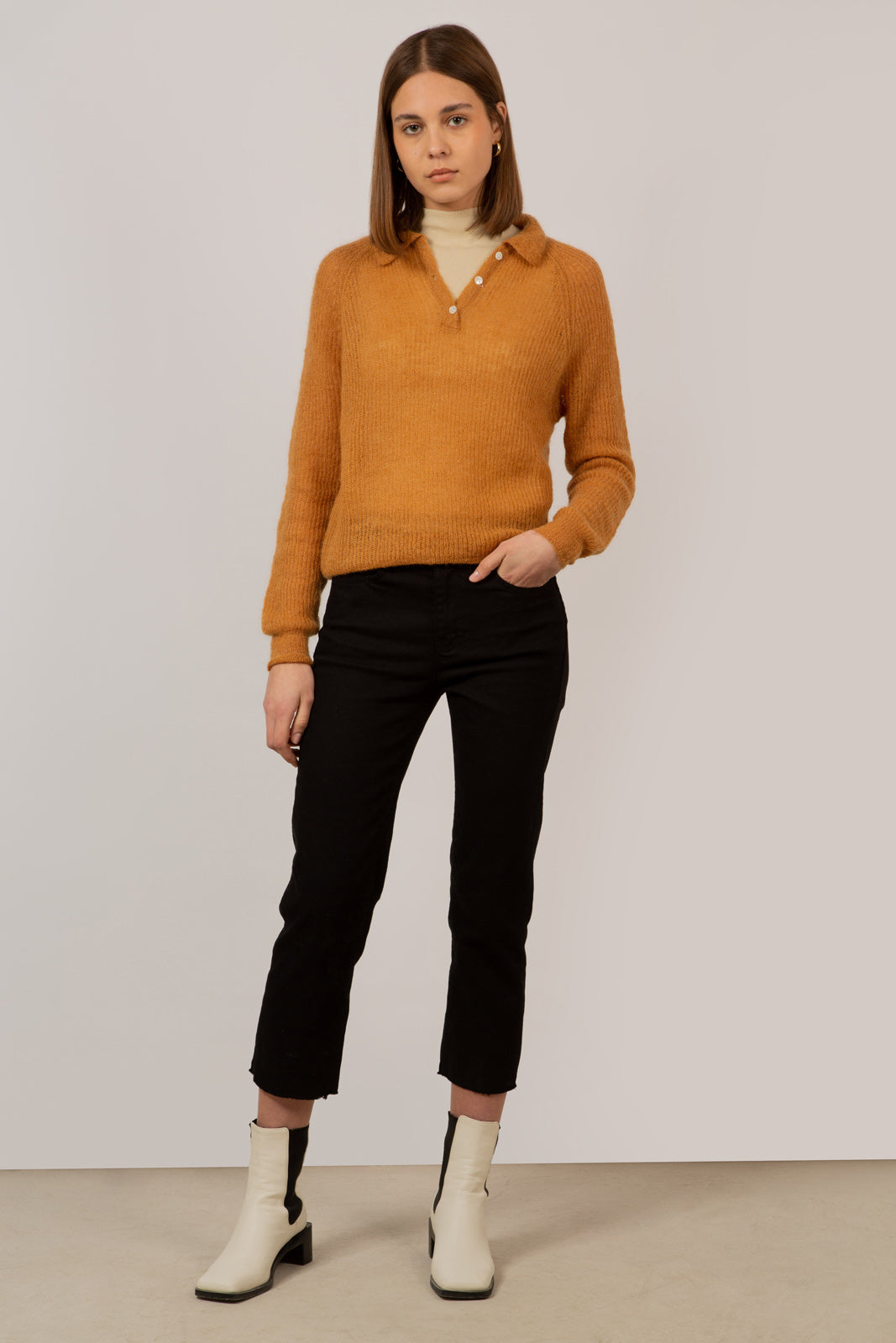 Mustard wool blend polo knit top_1