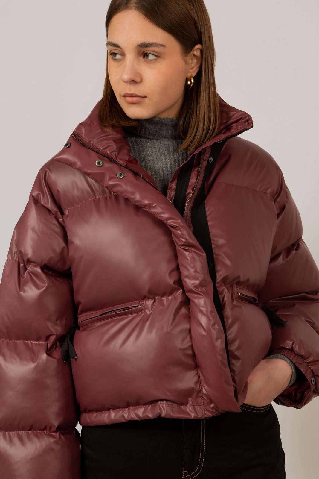 Burgundy glossy puffer coat_3
