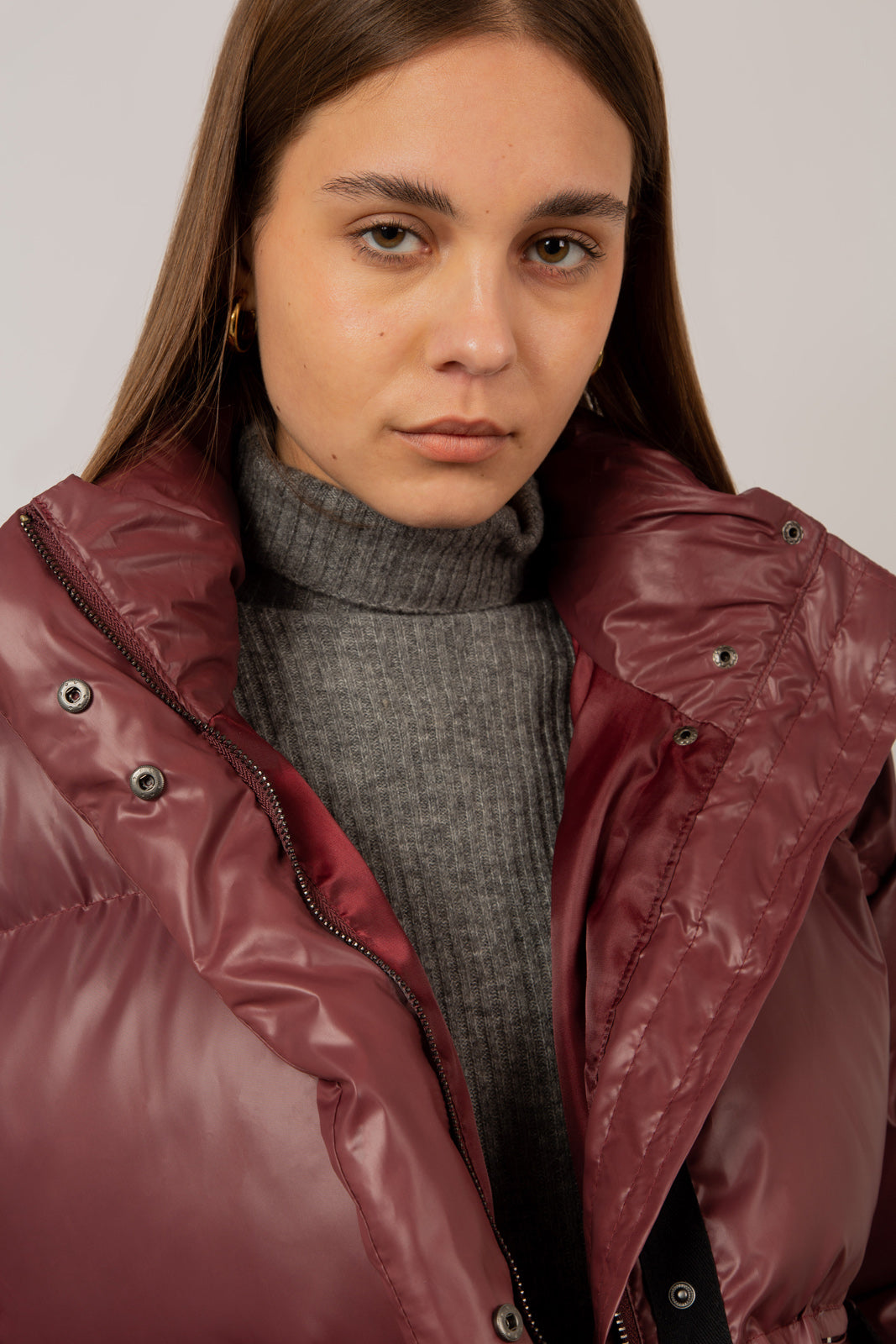 Burgundy glossy puffer coat_9