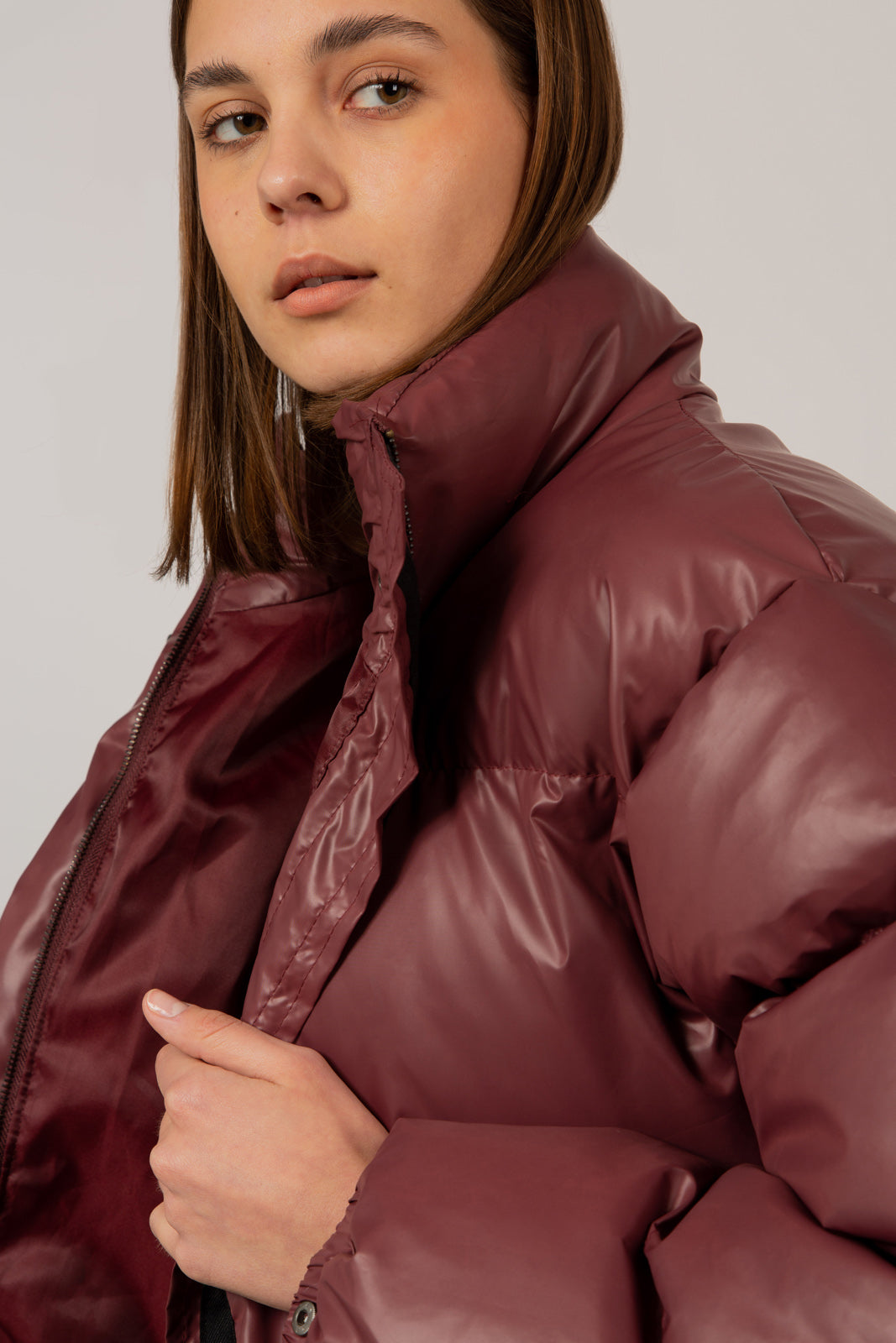 Burgundy glossy puffer coat_10