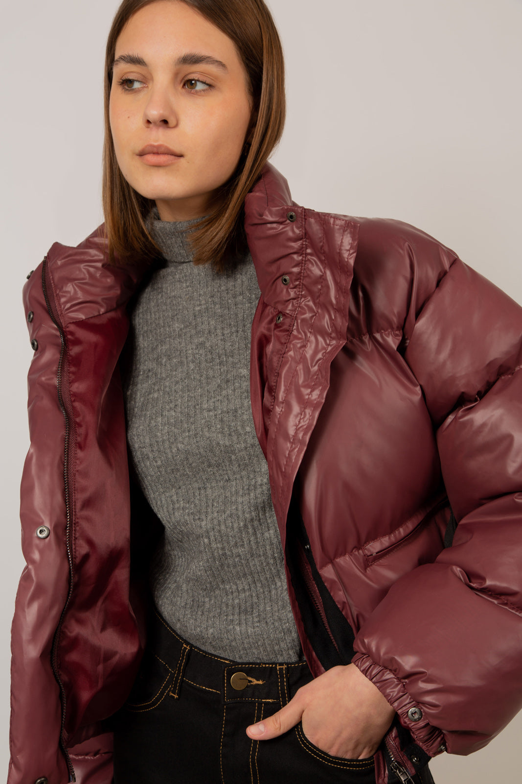 Burgundy glossy puffer coat_7
