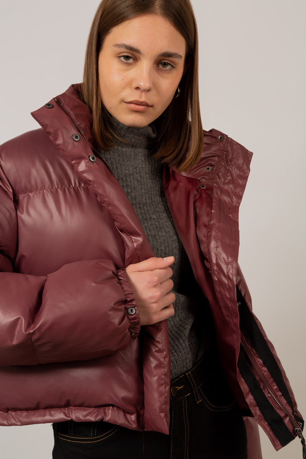 Burgundy glossy puffer coat_5