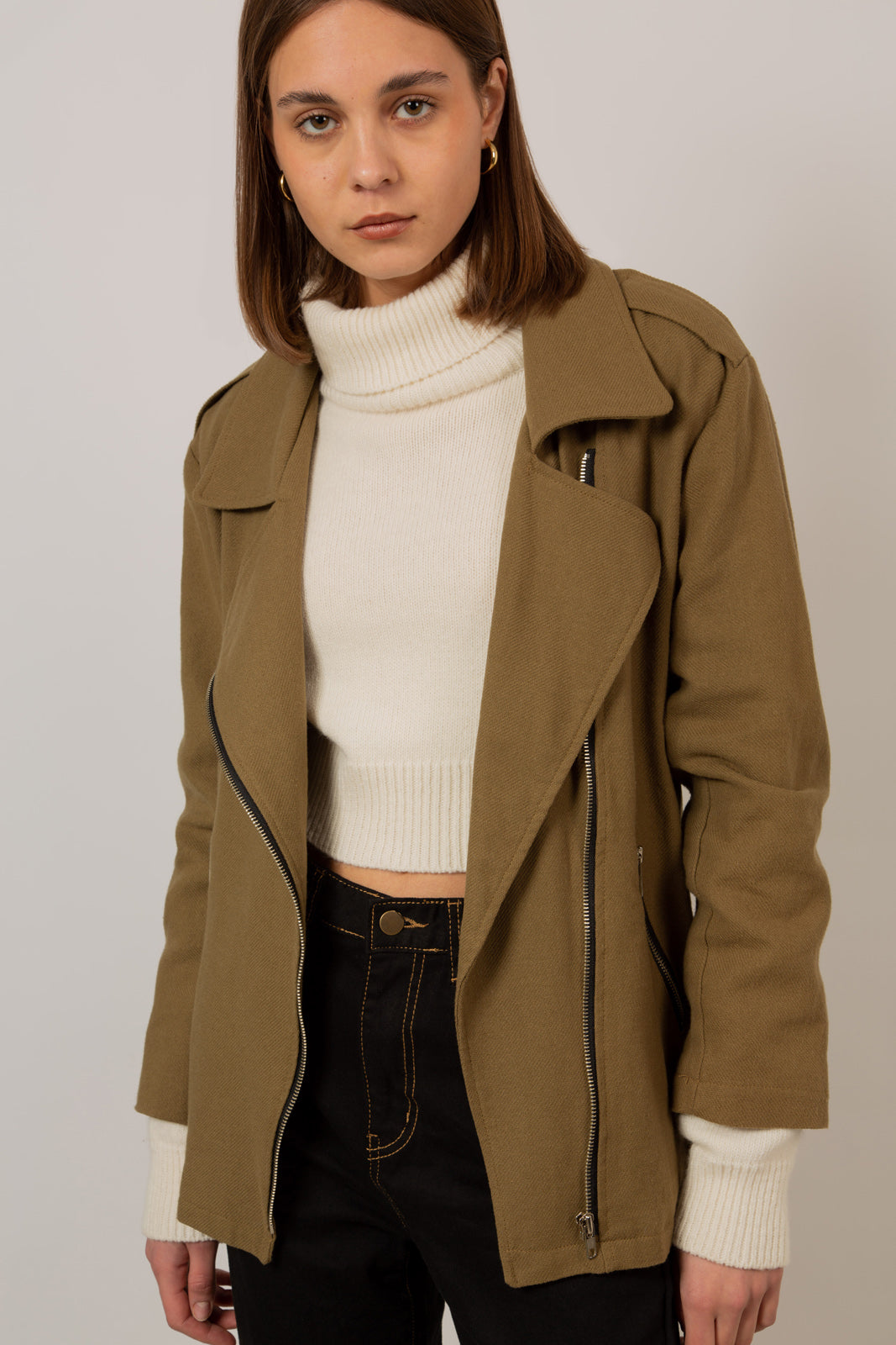 Khaki oversized belted rider jacket_14