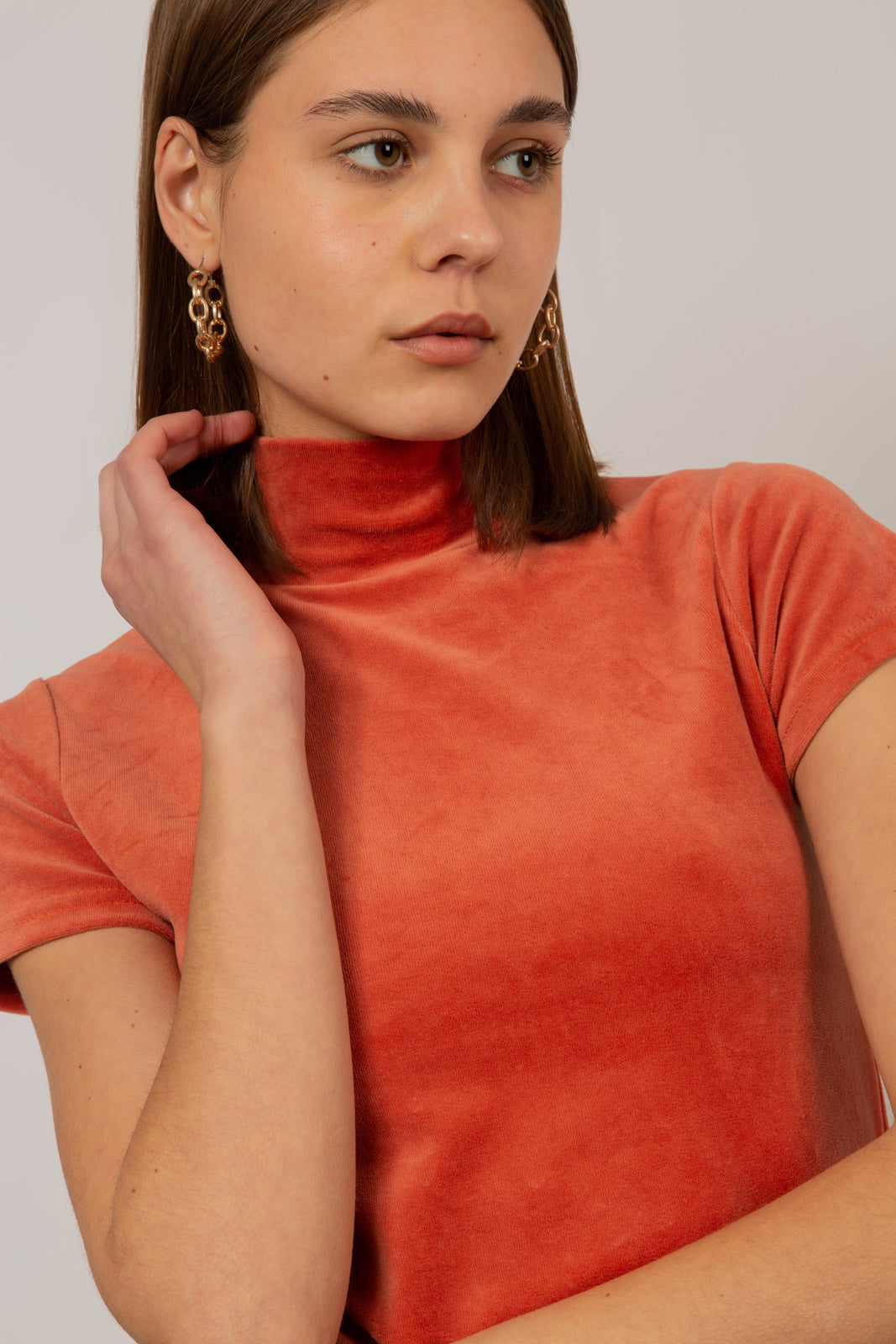 Orange velvet short sleeved mock neck top_1
