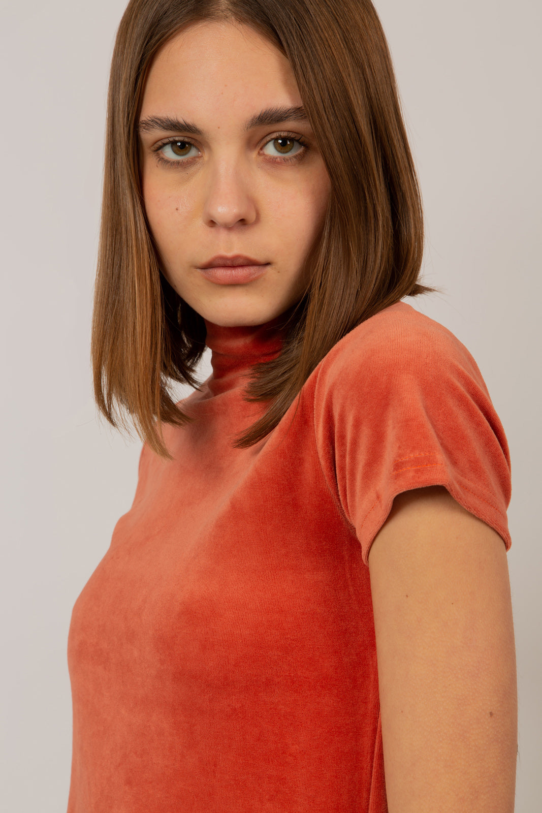 Orange velvet short sleeved mock neck top_4