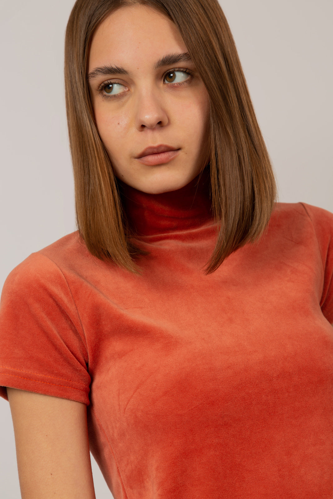 Orange velvet short sleeved mock neck top_2