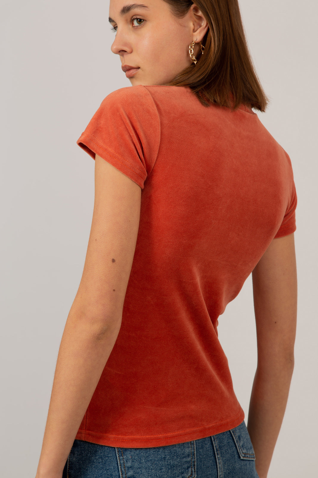 Orange velvet short sleeved mock neck top_8