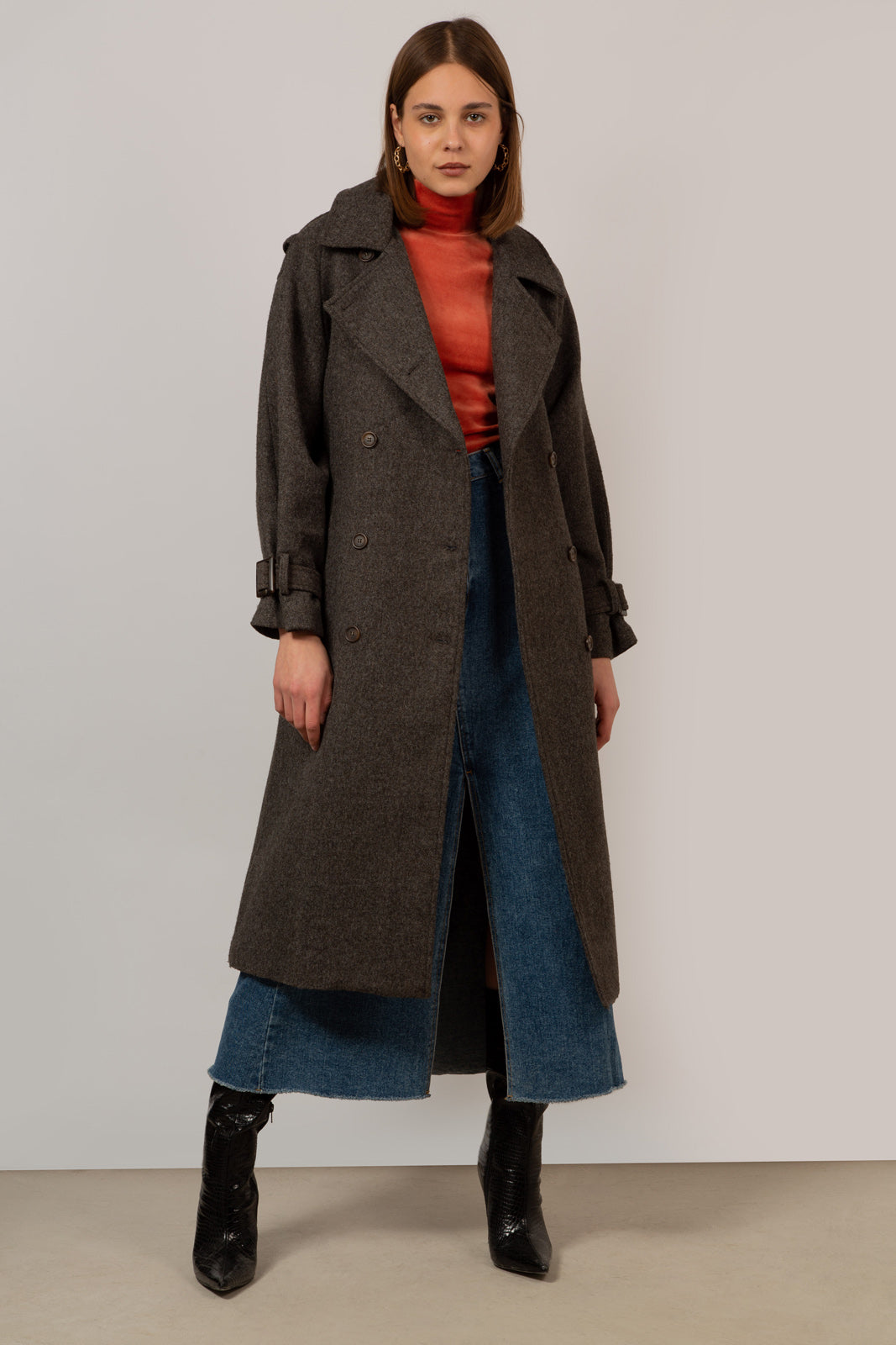Brown wool blend double breasted belted coat_1