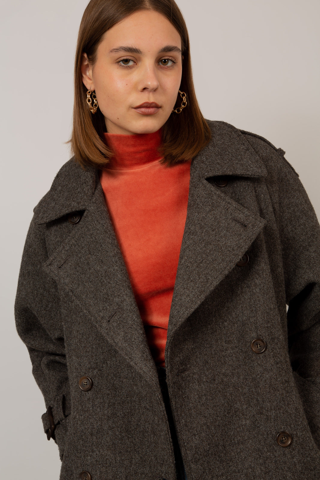 Brown wool blend double breasted belted coat_13